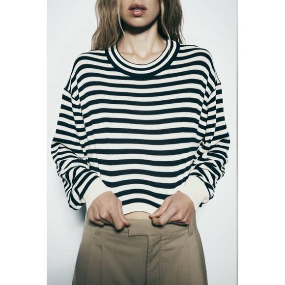 Zara Womens Navy Striped Nautical Long Sleeve Size Small Knit Crop Sweater EUC - Picture 5 of 14